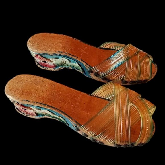 Rare 1940s Philippines Wedge Sandal Childs Shoe Hand Painted Carved Wood WWII - Picture 3 of 9